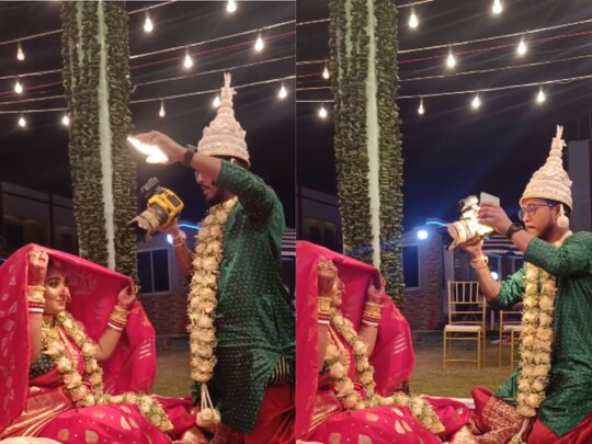 दूल्हा मंडप में बैठकर दुल्हन की फोटो खींच रहा है. (फोटो: Instagram/@wedding_photographer_scylen)