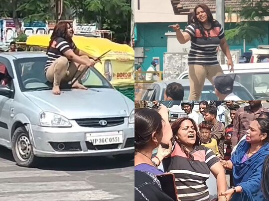 Gwalior Video: ग्वालियर में 25 साल की लड़की ने बीच सड़क जमकर हंगामा किया. पुलिस ने उसे जैसे-तैसे काबू किया. (Photo-News18)