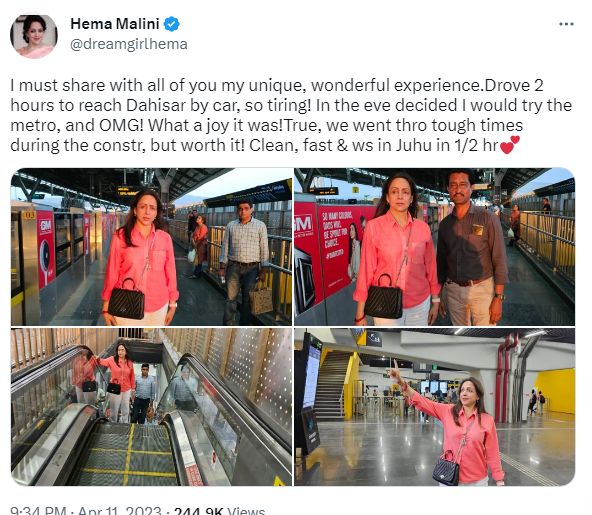 मेट्रो में पहली बार चढ़ीं हेमा मालिनी, दरवाजे देख उड़े होश, बोलीं- ये कैसे खुलेंगे...? - Hema Malini Travel in Mumbai metro and take auto ride from dn nagar to juhu actress