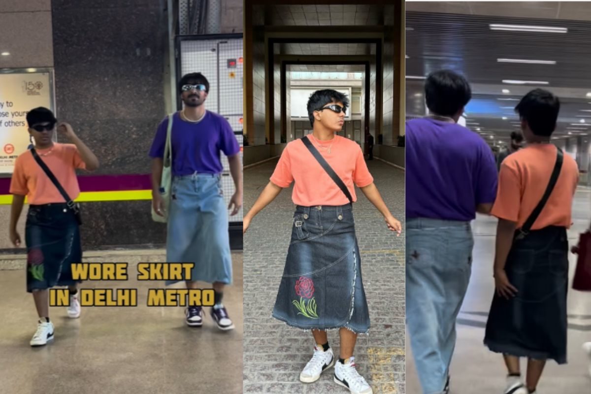दिल्ली मेट्रो में स्कर्ट पहन कर घूमते नजर आए दो लड़के, Video सोशल मीडिया पर वायरल Two boys seen roaming around in Delhi Metro wearing skirts, video viral on social media