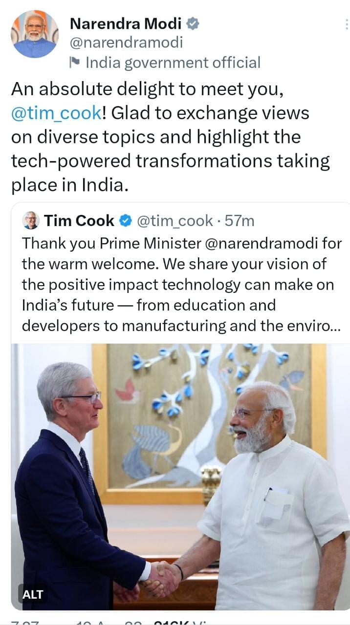 apple store, apple store in india, apple store mumbai,Tim Cook,Apple CEO Tim Cook,Tim Cook meets pm Narendra Modi,Tim Cook pm modi photo, apple store mumbai, apple store delhi, apple store in india,टिम कुक, एप्पल सीईओ टिम कुक भारत में, एप्पल सीईओ टिम कुक ने पीएम नरेंद्र मोदी से की मुलाकात, टिम कुक पीएम मोदी फोटो