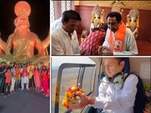 हनुमान भक्त नेता:नकुलनाथ ने हेलिकॉप्टर से बरसाए फूल, विजयवर्गीय ने गाए गीत