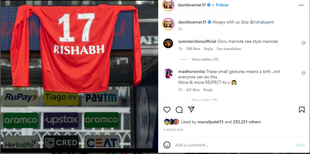 david warner, rishabh pant, david warner on rishabh pant, ipl, ipl 2023, delhi capitals vs lucknow super giants, dc vs gt, delhi capitals vs gujarat titans, david warner post rishabh pant jersey, david warner on rishabh pant, david warner says always with us skipper rishabh pant, डेविड वॉर्नर, ऋषभ पंत 