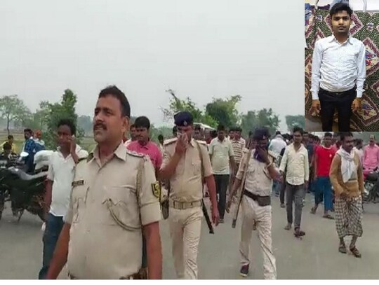 मृतक टेलर मास्टर का फाइल फोटो (इनसेट), जांच करती गोपालगंज पुलिस.