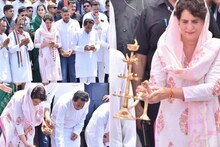 PHOTOS: सॉफ्ट हिंदुत्व की राह पर चलीं प्रियंका गांधी, कांग्रेसियों ने बंधवाए कलावा, लगाए तिलक