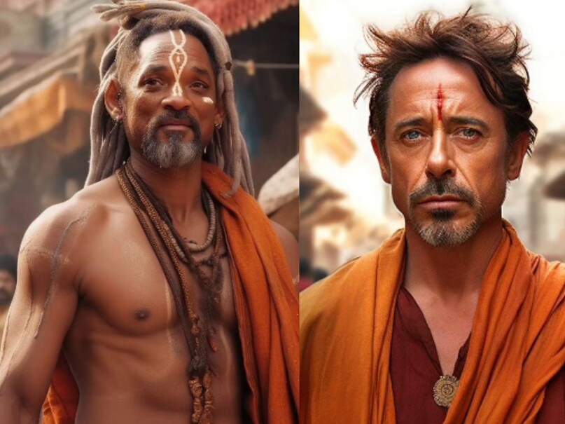 Hollywood stars, Hollywood stars as Hindu Indian monks, AI artworks imagine, Tom Cruise, Brad Pitt, Robert Downey Jr, Will Smith, portraits AI art tool, Hollywood A-listers and Hindu ascetics, how hollywood star look as shadu, Tom Cruise as Hindu Indian monk, Brad Pitt as Hindu Indian monk, Robert Downey Jr Indian monk, Will Smith Indian monk