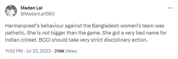 Harmanpreet Kaur, india women vs bangladesh women, bcci, madan lal, madan lal lashes out harmanpreet kaur, madan lal on harmanpreet kaur, madan lal on harmanpreet kaur behaviour, harmanpreet criticiced umpiring, ind w vs ban w odi series madan lal harmanpreet kaur, हरमनप्रीत कौर, मदन लाल, भारत बनाम बांग्लादेश महिला वनडे