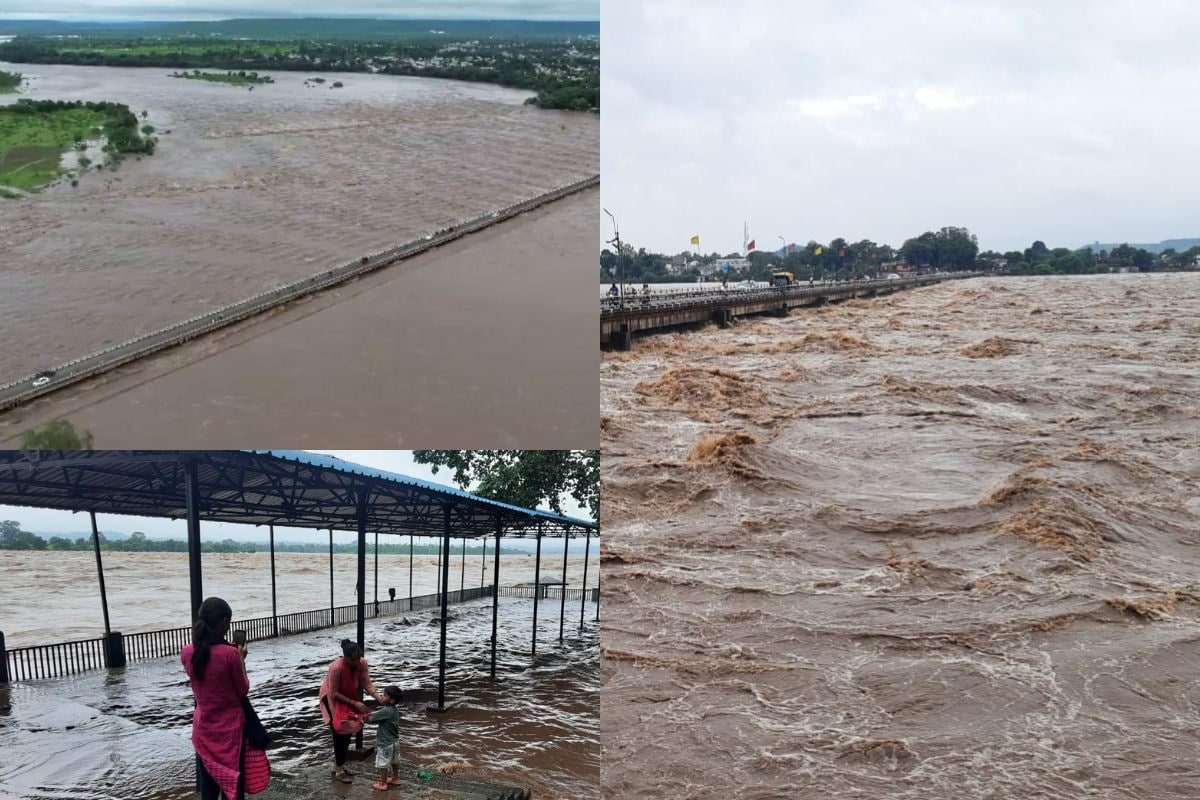 भारी बारिश से रौद्र रूप में आई नर्मदा, डुबो दिया शहर का कोना-कोना, Photos  देखकर सहम जाएंगे आप - Roaring Narmada photos narmada at dangerous mark  submerged whole mandla pics went viral heavy rain imd alert