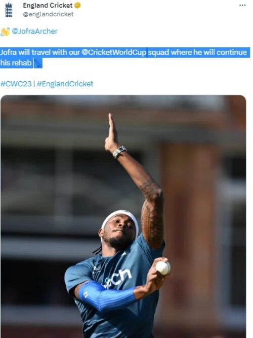 World Cup 2023, World Cup, Jofra Archer, Jofra Archer Injury Update, Jofra Archer News, Jofra Archer Injury News, World Cup Squad, World Cup 2023 Team India squad, England Cricket Board, ECB, England Cricket Team, Pat Cummins, Ben Stokes, Ben Stokes Retirement, Cricket News Hindi, Cricket News, वर्ल्ड कप 2023, जोफ्रा आर्चर