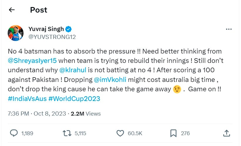 Yuvraj singh, shreyas iyer, india vs australia, world cup 2023