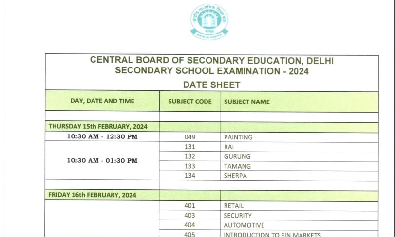 CBSE Board exam 2024, CBSE Class 10, 12 Datesheet 2024,