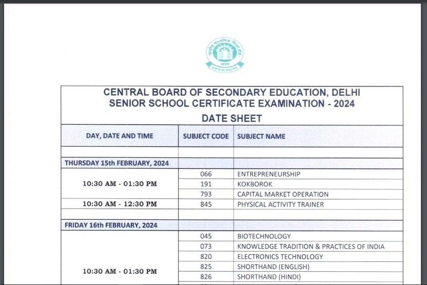 CBSE Board 12th datesheet, CBSE Board exam 2024, CBSE Class 10, 12 Datesheet 2024, 