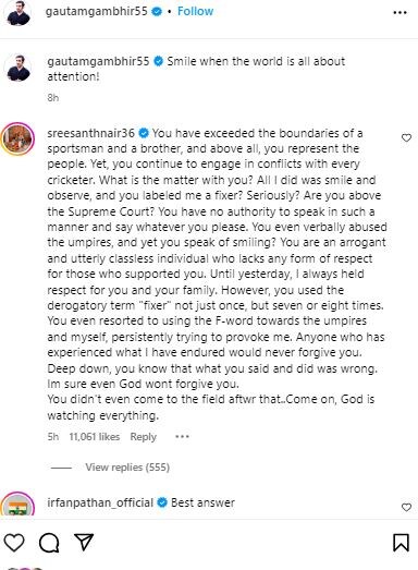 ​LLC 2023, Legends League Cricket, Gautam Gambhir, S Sreesanth fixer, Gautam Gambhir S Sreesanth controversy, gautam gambhir instagram post, sreesanth comment on gambhir post Gujarat Giants, India Capitals, Gautam Gambhir, S Sreesanth, Gujarat Giants Team, Parthiv Patel, LLC, Cricket Live, Cricket news in Hindi, Legends League Cricket Eliminator, Gujarat Giants beats India Capitals, LLC 2023 Eliminator, Chris Gayle, लीजेंड्स लीग क्रिकेट, गौतम गंभीर, एस. श्रीसंथ, सैयद किरमानी