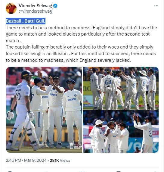 virender sehwag, bazball, bazball batti gul, virender sehwag viral tweet, rohit sharma, ben stokes, Yashasvi Jaiswal, Yashasvi Jaiswal 712 runs vs england series, r ashwin, ravichandran ashwin, r aswhin 26 wicket, Yashasvi Jaiswal team india, Yashasvi Jaiswal opener, Yashasvi Jaiswal struggle story, Yashasvi Jaiswal net worth, Yashasvi Jaiswal life style, Yashasvi Jaiswal shine batting, Yashasvi Jaiswal girl friend, ashwin 100th test, india vs england, ind vs eng test series