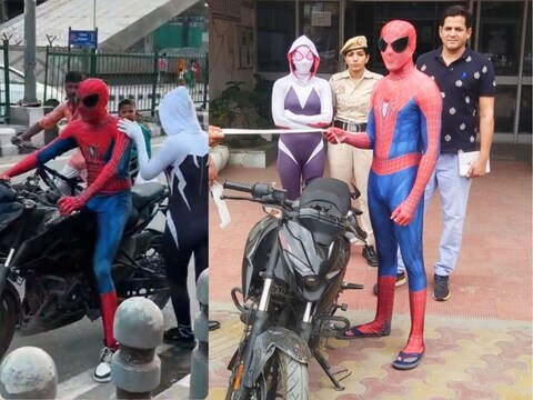 द‍िल्‍ली में एक यूट्यूबर को स्‍पाइडर मैन बनकर बाइक चलाना भारी पड़ गया.