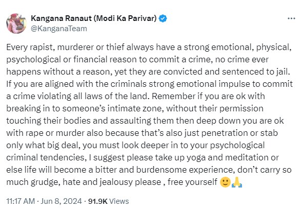 Kangana Ranaut Slam post