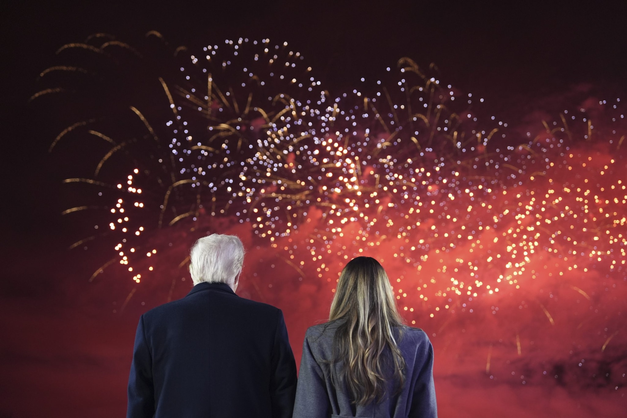 President-elect Donald Trump, Melania Trump and family watch fireworks at Trump National Golf Club, Saturday, Jan. 18, 2025, in Sterling, Va. (AP Photo/Alex Brandon, Pool)