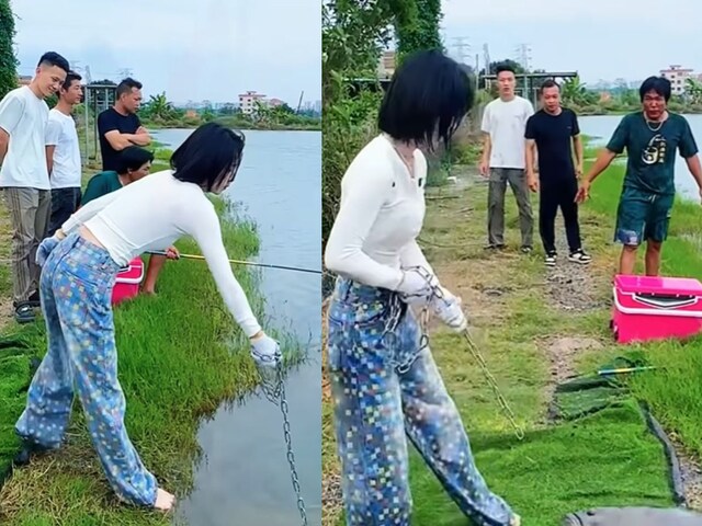 Girl-catching-big-fish-001-Instagram-2025-05-57017ee59208b91105d1a24bc75b2538 Girl Comes Near River Bank Catches Big Fish with Chain Surprising Fishermen - Girl who came on the river bank and put in water, such a big hunt for trapped, such a big hunt, nearby fishermen!