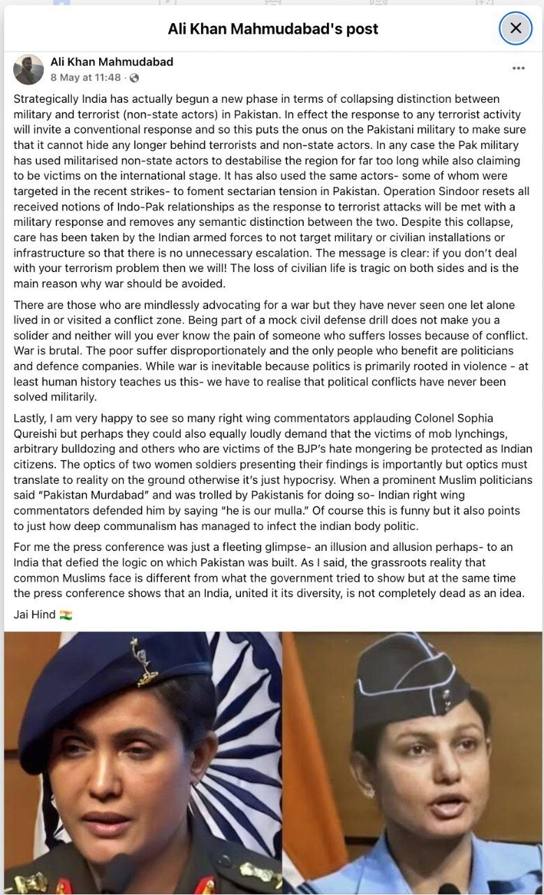 Ashoka University prof Ali Khan mahmudabad post