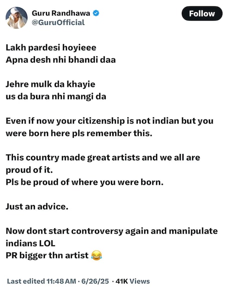 Guru randhawa x post Guru randhawa x post