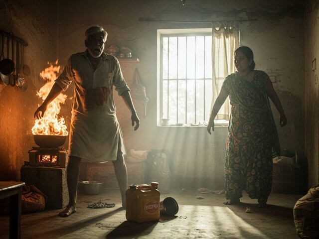 भोजन और क्रोध के दुरुपयोग के लिए पूछता है, बहू ने उसके चेहरे पर पेट्रोल छिड़का और आग लगा दी