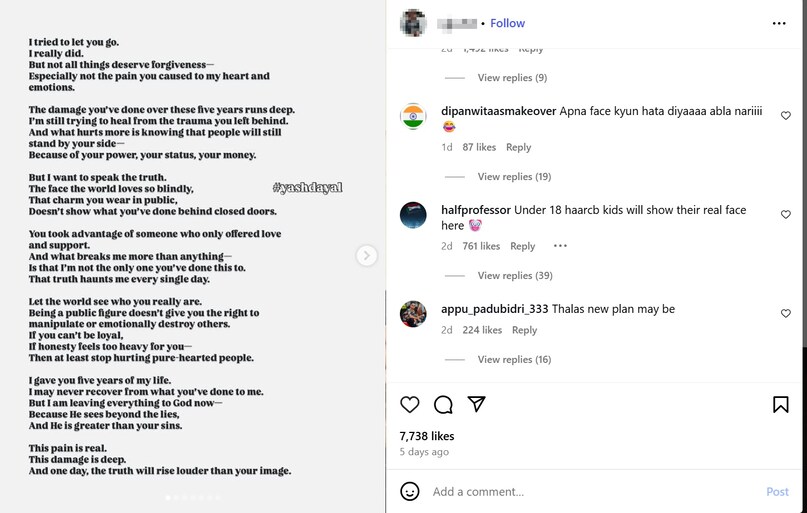 Screenshot of a woman's post accusing Yash Dayal