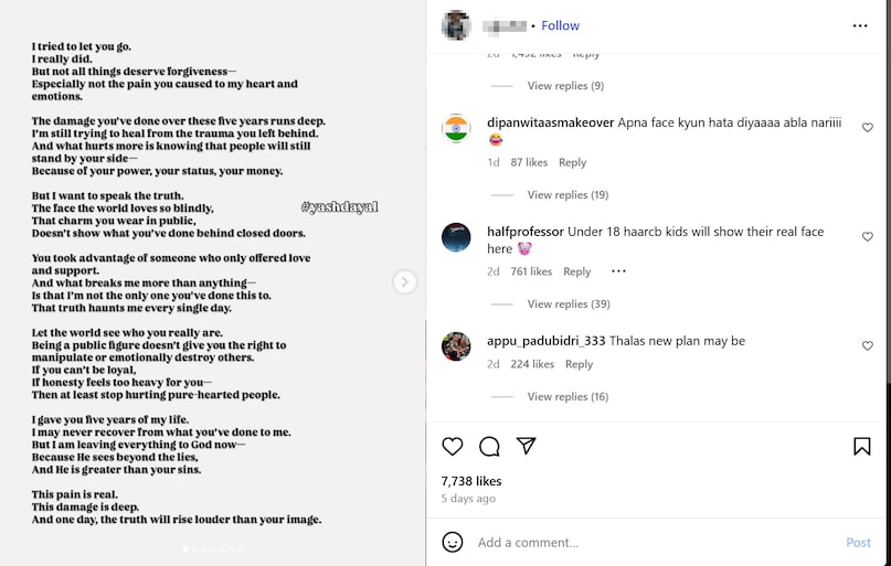 Screenshot of a woman's post accusing Yash Dayal Screenshot of a woman's post accusing Yash Dayal