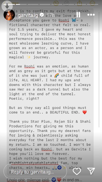 'Yeh Rishta Kya Kehlata Hai' has been running on TV for the last 15 years. It is one of the longest telecast shows on TV. Recently, there have been many twist and turn in the show and with a lot of twist, there has been a leap in the story, after which many characters have been out of the show. Actress Garvita Sadhwani, who is seen in the role of Ruhi in the serial 'Yeh Rishta Kya Kehlata Hai', is no longer a part of the show. He told the fans by sharing the post on social media that he is no longer a part of the show and his character is over. The fans were waiting for Garvita Sadhwani to return to the show for a long time, but now he himself confirmed by writing an emotional note on social media that he is not coming back and his journey in the relationship is over.