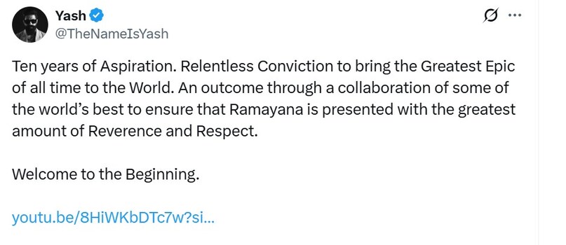 Yash, Yash Movie Ramayana, Ramayana Teaser, Ranbir Kapoor, Sai Pallavi, Yash Post on Ramayana Movie, Ramayana First Motion Poster, Ramayana Cast, Ramayana Release Date, Ramayana Movie Tijar, Ramayana Movie Tijar, Ramayana Movie Tijar