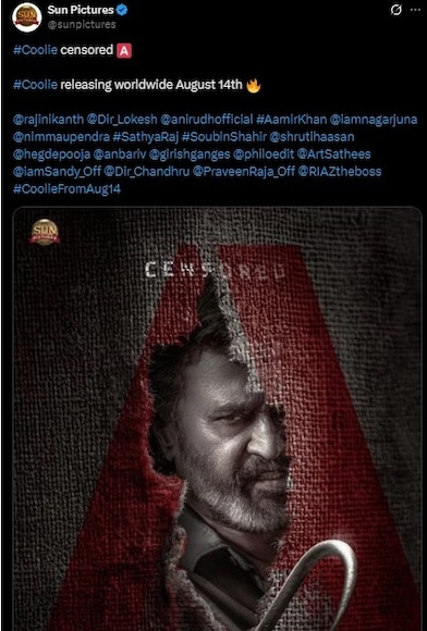 Rajinikanth, Coolie film, Coolie A certificate, Coolie release date, Coolie trailer, Rajinikanth new movie update, रजनीकांत, कुली फिल्म, रजनीकांत फिल्म कुली, कुली फिल्म सर्टिफिकेट, रजनीकांत कुली ट्रेलर Rajinikanth, Coolie film, Coolie A certificate, Coolie release date, Coolie trailer, Rajinikanth new movie update, रजनीकांत, कुली फिल्म, रजनीकांत फिल्म कुली, कुली फिल्म सर्टिफिकेट, रजनीकांत कुली ट्रेलर