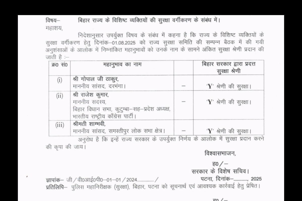 बिहार के इन तीन नेताओं की बढ़ी सुरक्षा, विपक्ष के भी एक नेता शामिल