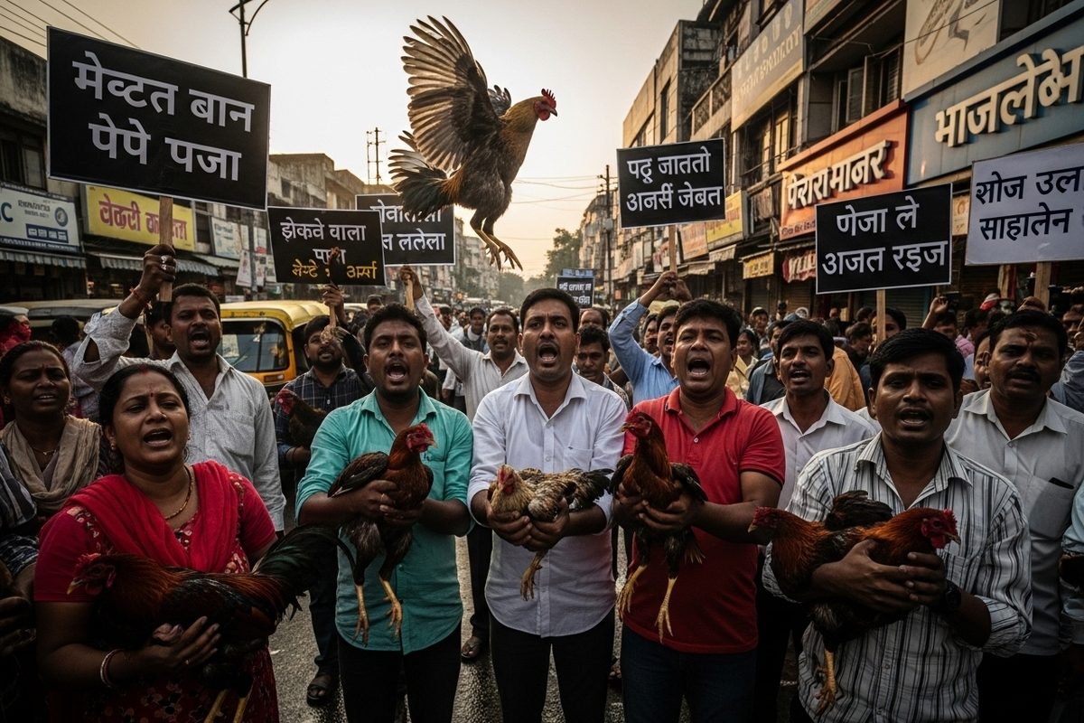 मुर्गे-मुर्गियां हाथ में लेकर सड़क पर उतरे लोग, ठाणे में मीट बैन पर हंगामा