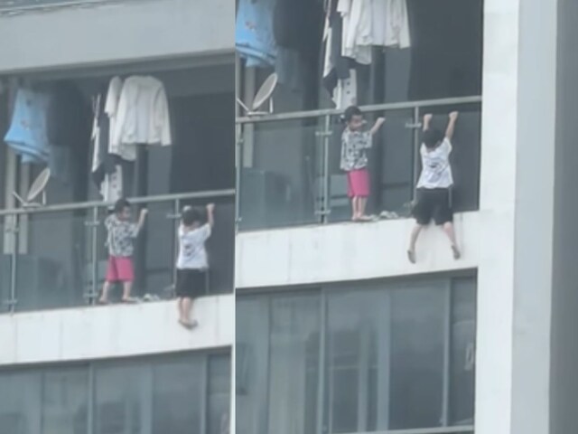 Two children seen hanging from the balcony of the 13th floor, live at a very height ...