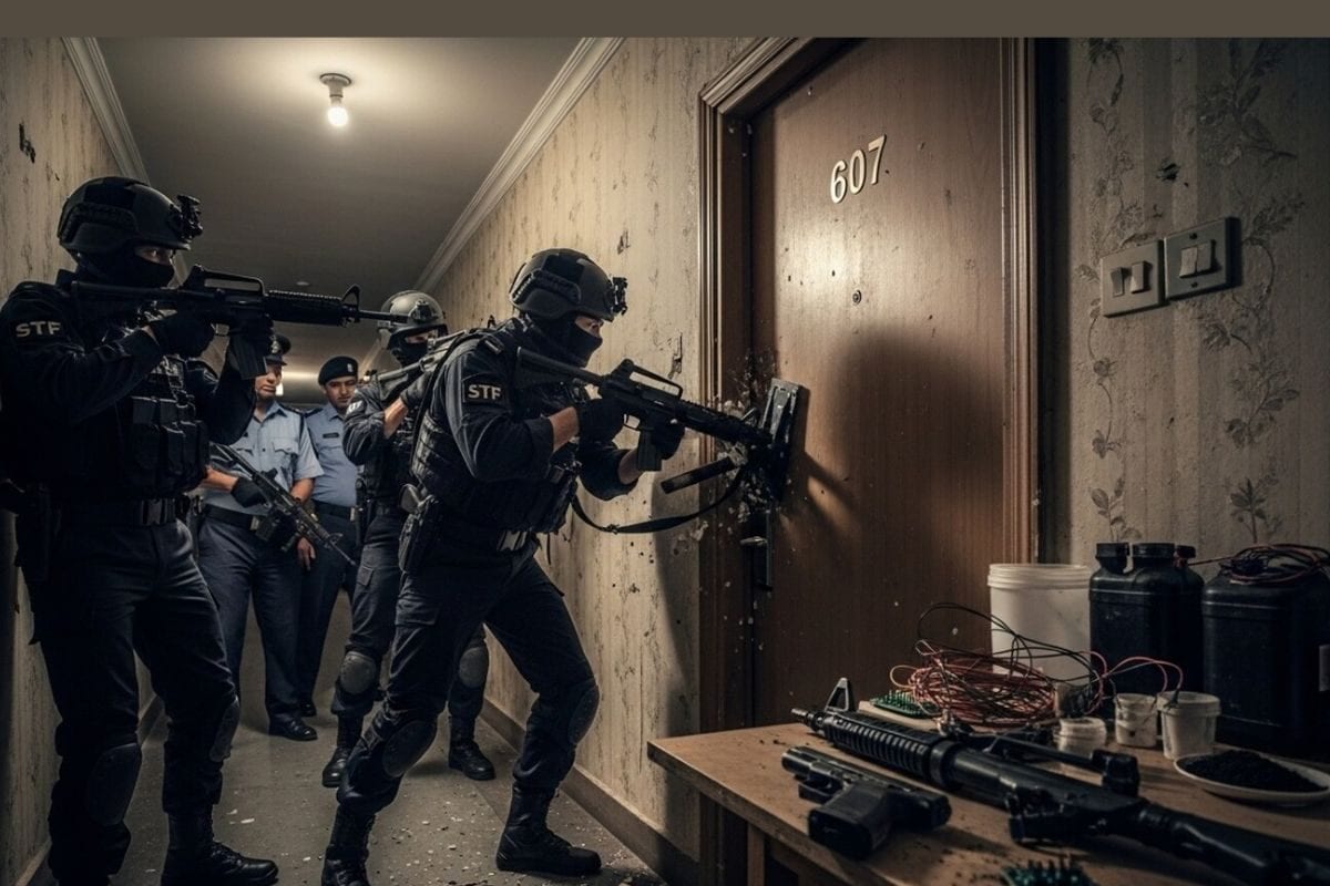 फ्लैट नंबर 607 में छापा, भारी मात्रा में हथियार और बम का सामान बरामद