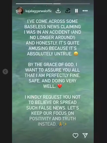 Kajal Aggarwal, Kajal Aggarwal death news, Kajal Aggarwal death rumours, Kajal Aggarwal shuts down her death rumours, Did Kajal Aggarwal die in a road accident, Kajal Aggarwal took to social media to reassure her fans about her safety, काजल अग्रवाल , क्या काजल अग्रवाल का सड़क हादसे में हुआ निधन, काजल अग्रवाल ने तोड़ी चुप्पी Kajal Aggarwal, Kajal Aggarwal death news, Kajal Aggarwal death rumours, Kajal Aggarwal shuts down her death rumours, Did Kajal Aggarwal die in a road accident, Kajal Aggarwal took to social media to reassure her fans about her safety, काजल अग्रवाल , क्या काजल अग्रवाल का सड़क हादसे में हुआ निधन, काजल अग्रवाल ने तोड़ी चुप्पी
