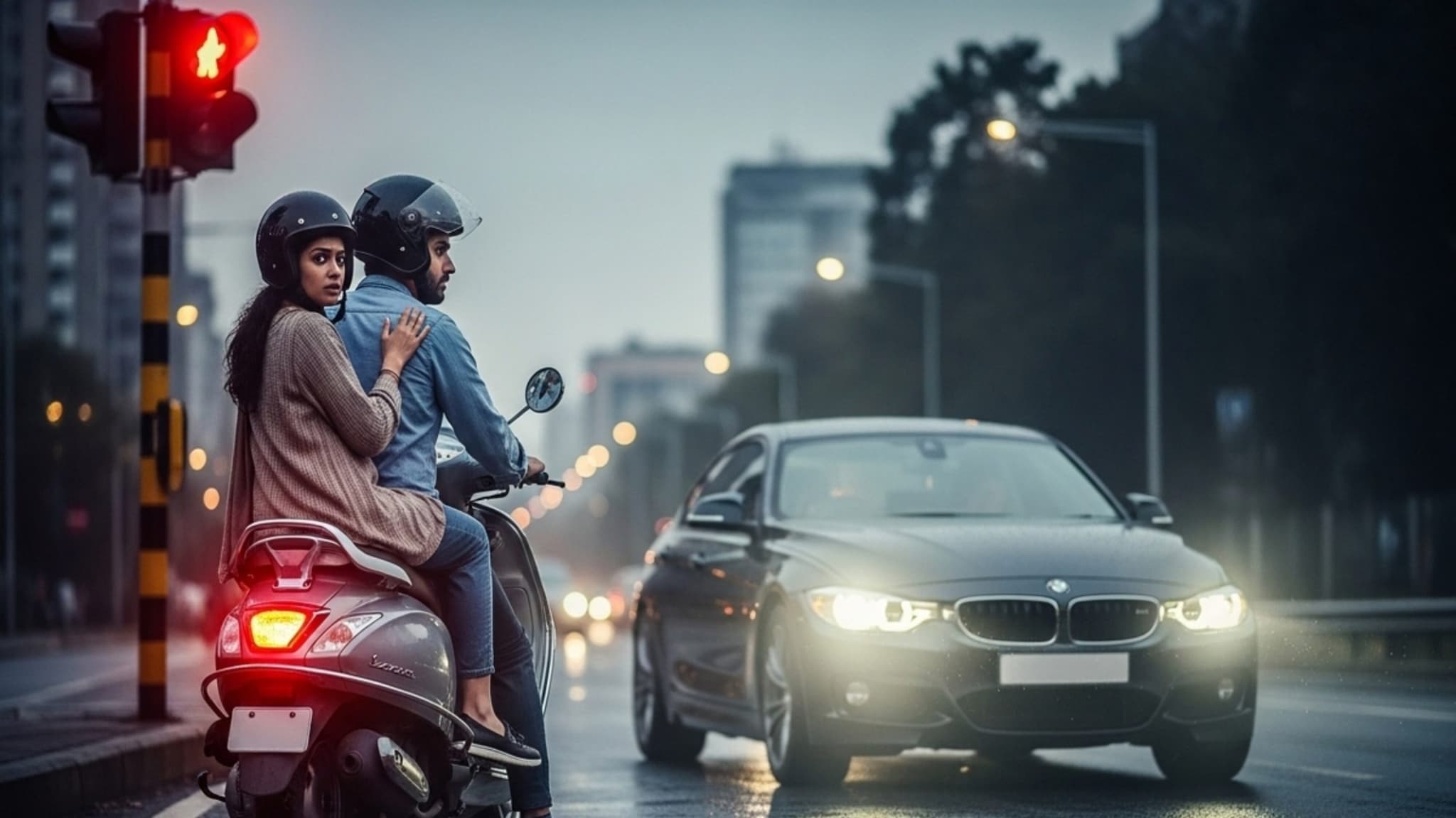 Horror Video: ट्रैफिक सिग्नल पर कपल बुलेट की रफ्तार में BMW जोरदार टक्कर से कई फिट हवा में उछले