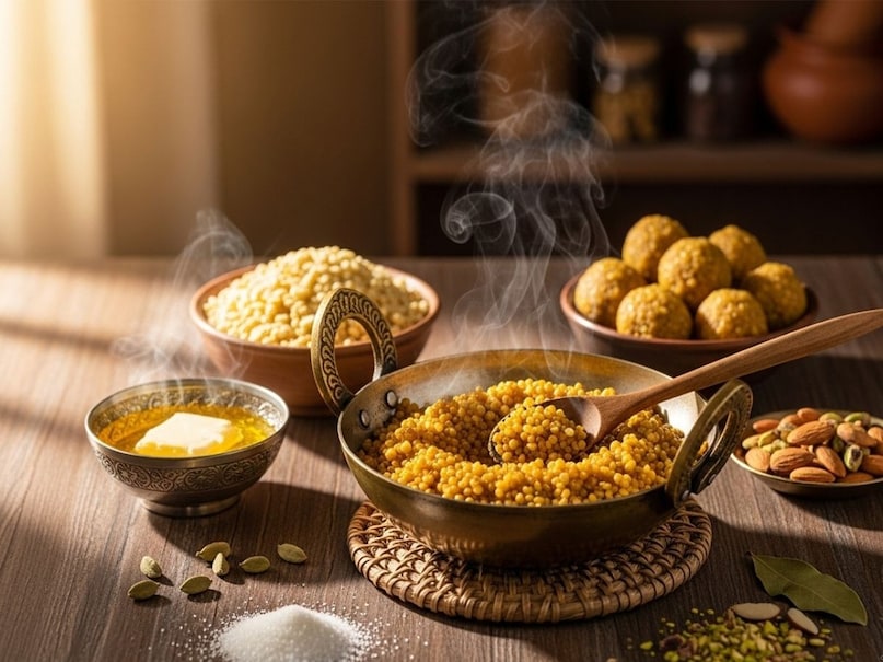 सबसे पहले मूंग दाल को अच्छी तरह धोकर दो घंटे के लिए पानी में भिगो दें. फिर पानी निकालकर दाल को सुखा लें और मिक्सर में हल्का दरदरा पीस लें. अब एक मोटे तले की कढ़ाही में घी गर्म करें और धीमी आंच पर दाल को लगातार चलाते हुए भूनें. धीमी आंच पर भूनना बहुत ज़रूरी है क्योंकि इसी से लड्डू का रंग और खुशबू बनती है. लगभग 10-15 मिनट में जब दाल का रंग सुनहरा हो जाए और उसमें से देसी घी की महक आने लगे, तब समझिए कि भूनाई पूरी हो गई है. सबसे पहले मूंग दाल को अच्छी तरह धोकर दो घंटे के लिए पानी में भिगो दें. फिर पानी निकालकर दाल को सुखा लें और मिक्सर में हल्का दरदरा पीस लें. अब एक मोटे तले की कढ़ाही में घी गर्म करें और धीमी आंच पर दाल को लगातार चलाते हुए भूनें. धीमी आंच पर भूनना बहुत ज़रूरी है क्योंकि इसी से लड्डू का रंग और खुशबू बनती है. लगभग 10-15 मिनट में जब दाल का रंग सुनहरा हो जाए और उसमें से देसी घी की महक आने लगे, तब समझिए कि भूनाई पूरी हो गई है.