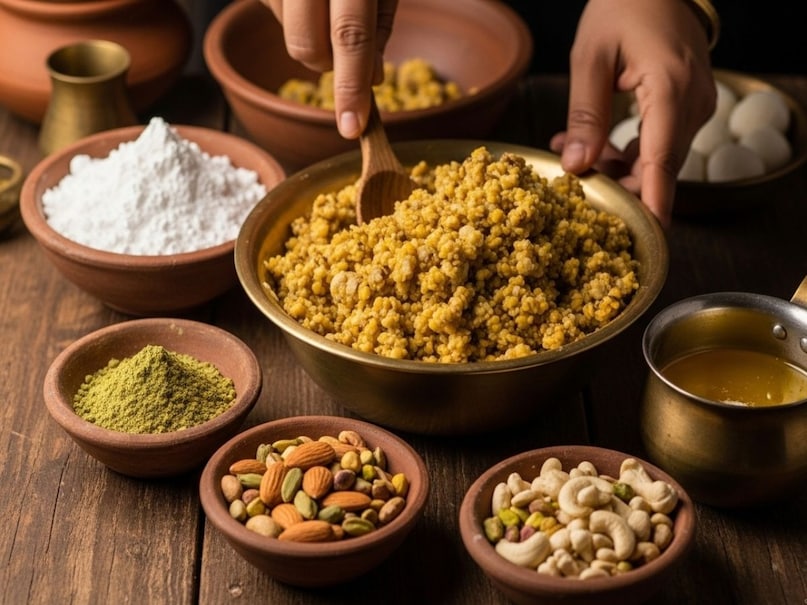 अब दाल को थोड़ी देर ठंडा होने दें. जब यह गुनगुनी रह जाए, तो इसमें बूरा (या पिसी चीनी), इलायची पाउडर और कटे हुए मेवे डालें. सभी चीजों को अच्छे से मिलाएं ताकि हर चम्मच में स्वाद एक समान हो. अगर मिक्स थोड़ा सूखा लग रहा हो, तो थोड़ा और घी मिला सकते हैं ताकि लड्डू बनाते समय मिश्रण आसानी से बंध जाए. अब दाल को थोड़ी देर ठंडा होने दें. जब यह गुनगुनी रह जाए, तो इसमें बूरा (या पिसी चीनी), इलायची पाउडर और कटे हुए मेवे डालें. सभी चीजों को अच्छे से मिलाएं ताकि हर चम्मच में स्वाद एक समान हो. अगर मिक्स थोड़ा सूखा लग रहा हो, तो थोड़ा और घी मिला सकते हैं ताकि लड्डू बनाते समय मिश्रण आसानी से बंध जाए.