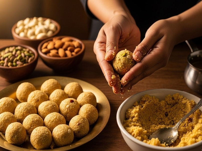 अब हाथ में थोड़ा मिक्स लें और हथेलियों से हल्के दबाव में गोल लड्डू बनाएं. कोशिश करें कि लड्डू ना बहुत टाइट हों, ना बहुत ढीले. जब सभी लड्डू बन जाएं, तो उन्हें एक प्लेट में रखकर कुछ देर ठंडा होने दें. ठंडे होने के बाद इन्हें एयरटाइट डिब्बे में स्टोर कर दें. यह 10 से 15 दिन तक एकदम ताज़ा बने रहते हैं. अब हाथ में थोड़ा मिक्स लें और हथेलियों से हल्के दबाव में गोल लड्डू बनाएं. कोशिश करें कि लड्डू ना बहुत टाइट हों, ना बहुत ढीले. जब सभी लड्डू बन जाएं, तो उन्हें एक प्लेट में रखकर कुछ देर ठंडा होने दें. ठंडे होने के बाद इन्हें एयरटाइट डिब्बे में स्टोर कर दें. यह 10 से 15 दिन तक एकदम ताज़ा बने रहते हैं.