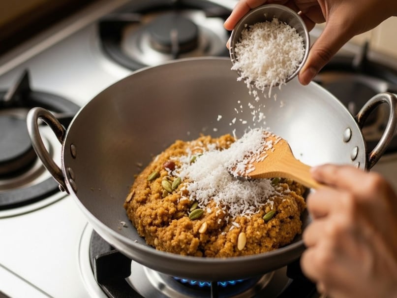 अब गैस की आंच थोड़ी धीमी करें और मिश्रण में कद्दूकस किया हुआ नारियल डालें. इसे अच्छे से मिलाएं ताकि नारियल का स्वाद हर हिस्से में बराबर फैले. नारियल डालने से लड्डू का फ्लेवर और टेक्सचर दोनों ही शानदार बन जाते हैं. करीब 2-3 मिनट तक इसे चलाते रहें ताकि मिक्स एकसार हो जाए.