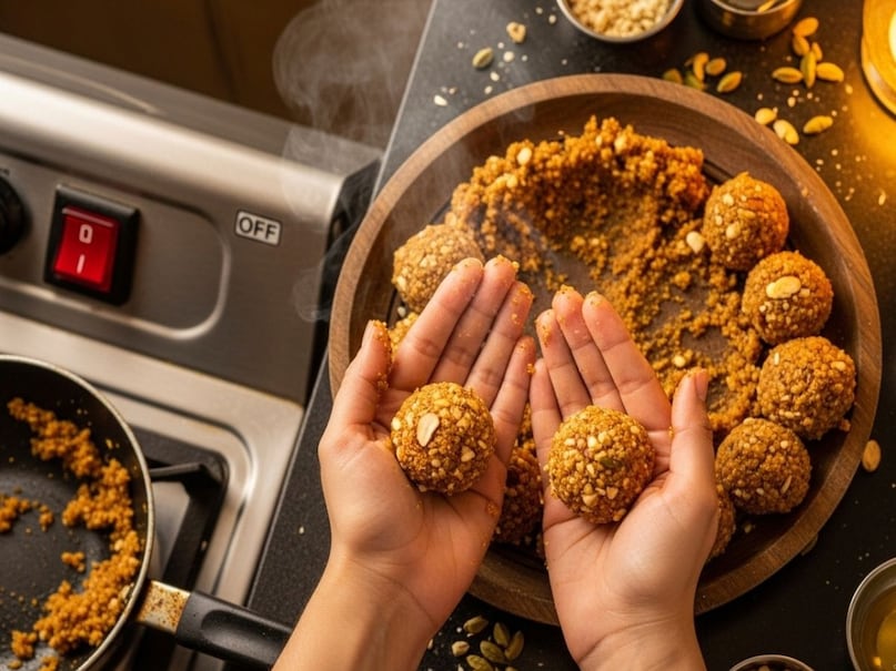 अब गैस बंद कर दें और मिश्रण को एक प्लेट में निकाल लें. इसे 8-10 मिनट तक ठंडा होने दें ताकि यह गुनगुना रह जाए. बहुत गर्म होने पर लड्डू बनाने में दिक्कत होगी और ठंडा होने पर मिक्स सख्त हो जाएगा, इसलिए इसे हल्के गर्म स्टेज पर ही शेप दें.