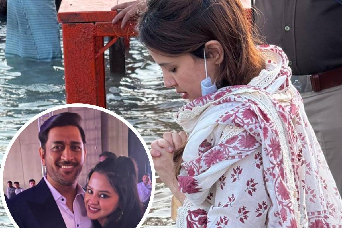 सफेद सूट, मुंह पर मास्क...हर की पौड़ी पर धोनी की वाइफ साक्षी का पवित्र स्नान