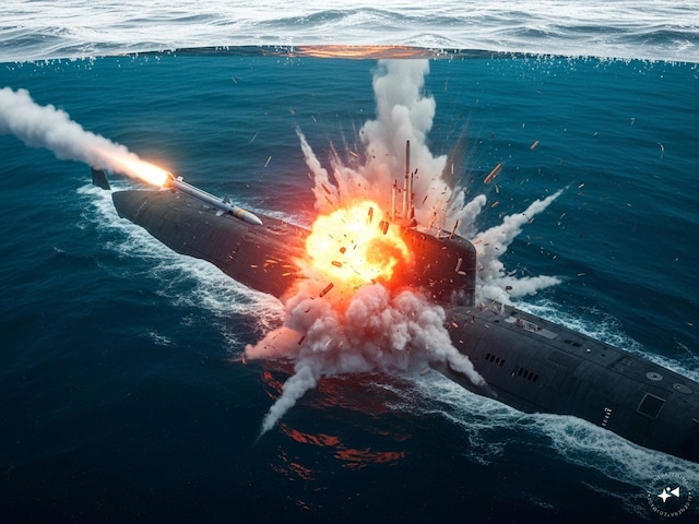 The submarine was going into the sea, the American Navy suddenly attacked and sank it. The submarine was going into the sea, the American Navy suddenly attacked and sank it.
