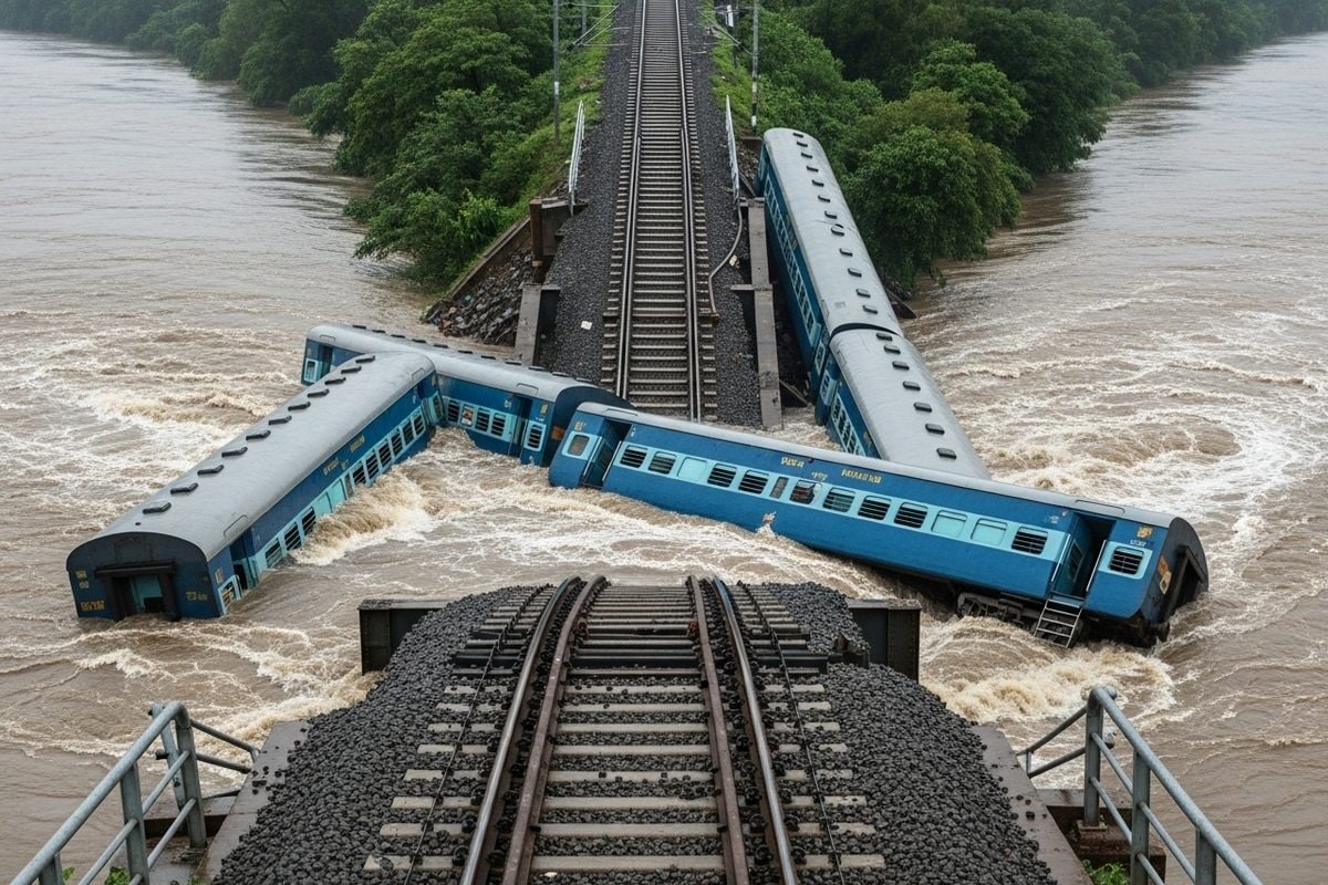 पानी में पटरियां तैर रहीं थी दौड़ती ट्रेन कुछ ही पल में पानी में समां गयी