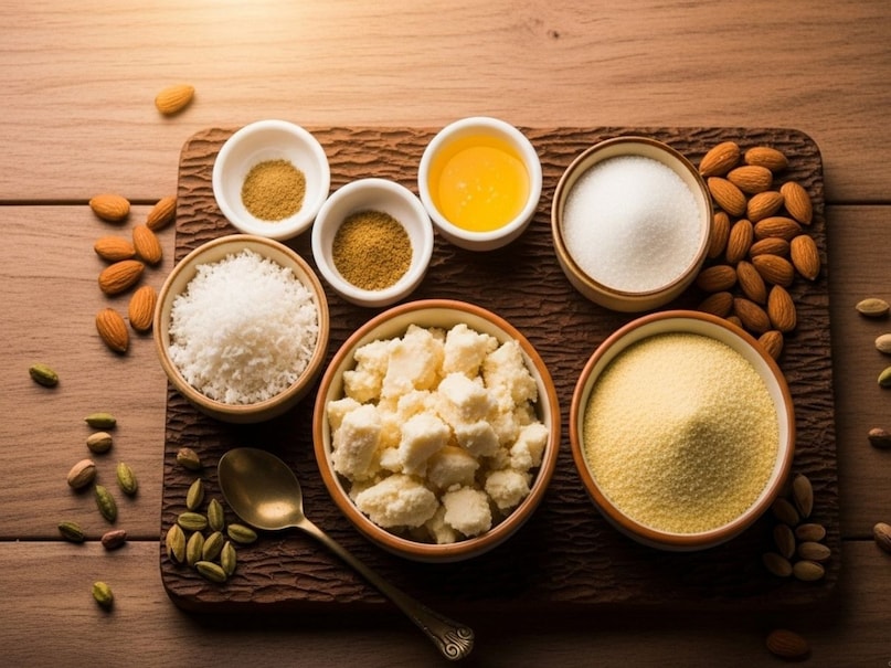 लड्डू बनाने के लिए सामग्री: सूजी और नारियल के लड्डू बनाने के लिए बहुत कम चीज़ों की ज़रूरत होती है. आपको चाहिए- 1 टी-कप खोया, ढाई टेबलस्पून सूजी, आधा टी-कप कद्दूकस किया हुआ नारियल, डेढ़ टेबलस्पून चीनी, 2 टीस्पून देशी घी, आधा टीस्पून इलायची पाउडर, थोड़े से बादाम और थोड़ा सा पिस्ता.