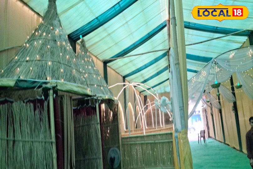 बांस रेस्टोरेंट, सात्विक भोजन, इको-फ्रेंडली कैफे, गांव थीम रेस्टोरेंट, असम बांस सजावट, bamboo restaurant India, eco-friendly café, satvik food café, bamboo décor Assam, village theme restaurant, Ghazipur restaurant,local 18 