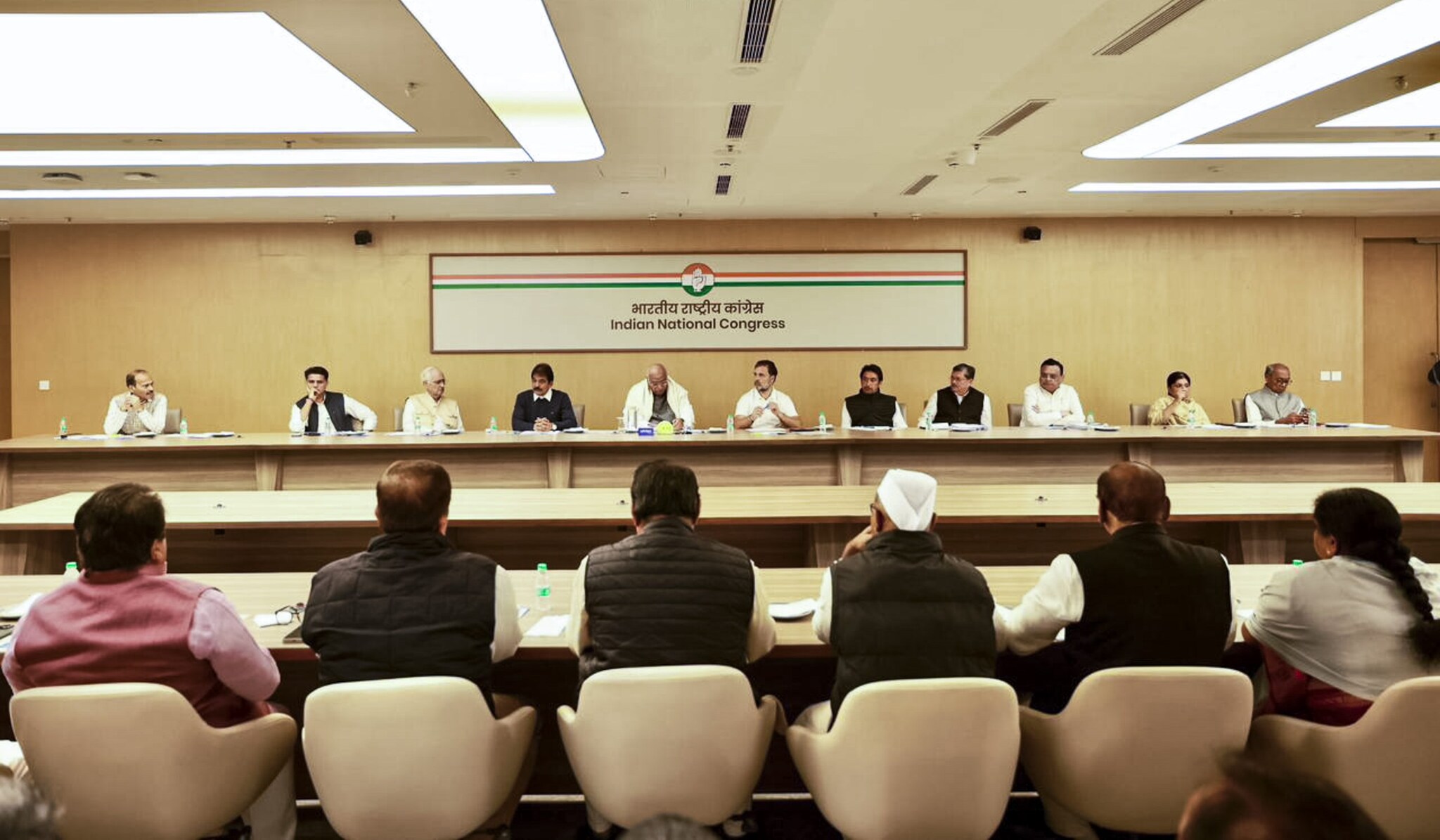 **EDS: THIRD PARTY IMAGE** In this image received on Nov. 18, 2025, Congress President Mallikarjun Kharge and Leader of Opposition in the Lok Sabha Rahul Gandhi during a meeting with senior Congress leaders from 12 states and union territories where the Special Intensive Revision (SIR) of electoral rolls is underway, in New Delhi. (AICC via PTI Photo)(PTI11_18_2025_000272B)