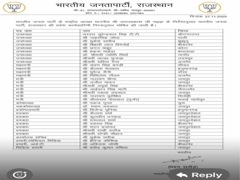 Rajasthan BJP, Rajasthan BJP executive committee announced, Rajasthan BJP politics, Madan Rathore, Rajasthan BJP president Madan Rathore, Rajasthan politics, Rajasthan News, Jaipur News, राजस्थान बीजेपी कार्यकारिणी घोषित, राजस्थान बीजेपी अध्यक्ष मदन राठौड़ 