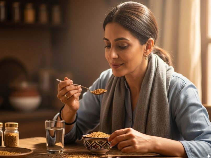 मेथी: मेथी दाना और इसकी पत्तियों का सेवन करने से ब्लड शुगर लेवल कंट्रोल रहता है. इसको अलावा यदि डायबिटीज का मरीज नियमित मेथी वाला पानी पीएं तो टाइप-2 डायबिटीज को कंट्रोल करने में मदद मिलती है. बता दें कि, मेथी में गेलेक्टोमैनन तत्‍व भी पाया जाता है जो ब्लड में शुगर के अवशोषण को कम करता है.  (Image- AI)