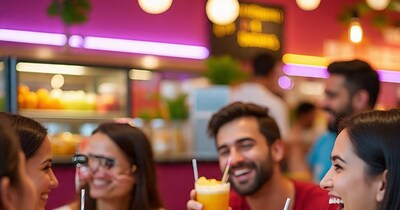 दुकान पर जूस-शेक पीते लोग(AI से तैयार फोटो)